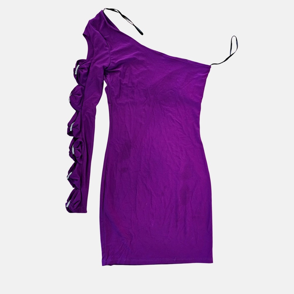 Purple One Shoulder Ruched Sleeve‎ Embellished Dress